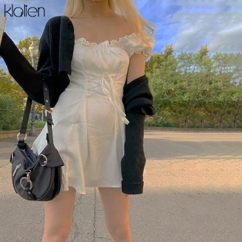 KLALIEN Fashion Elegant Bow White Female Mini Dress Summer Party Birthday Festival Cute Sexy French Romantic Silk Dress Women